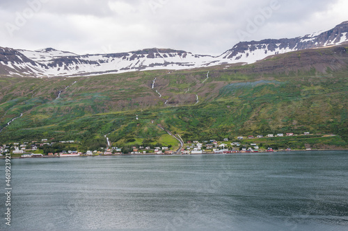 the fjord view of town of Eskifjordur in Iceland photo