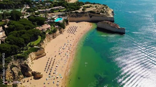 Aerials of Praia Da Gale beach, Albufeira and Armacao De Pera, Algarve, Portugal