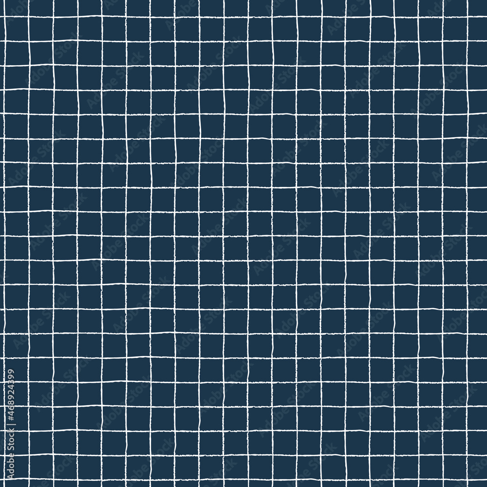 Seamless checkered repeating pattern with hand drawn white grid on dark background for wrapping paper, textile, surface design and other design projects
