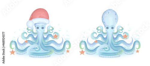 Watercolor water octopus in two versions, one for the new year, the second regular