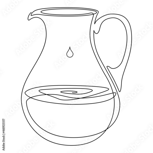 Glass jug with water. Falling drop of water. Continuous line drawing. Vector illustration.