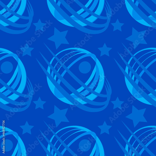 Seamless pattern, infinite texture - Illustration on a square background - stylized space - satellite or planet and stars. Design elements - Decoration of covers of notebooks, mobile applications