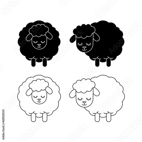 Set of sheep vector illustration in line and flat style isolated on white