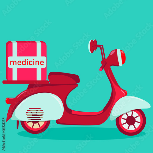 Image of a moped with a box with medical products for medicine delivery. Online delivery service. Bright illustration in red and turquoise colors. Vector illustration