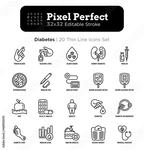 Diabetes thin line icons set: blood test, glucometer, glucose level, insulin pen, hyperglycemia, insulin pump, diabetic retinopathy, obesity. Pixel perfect, editable stroke. Vector illustration.