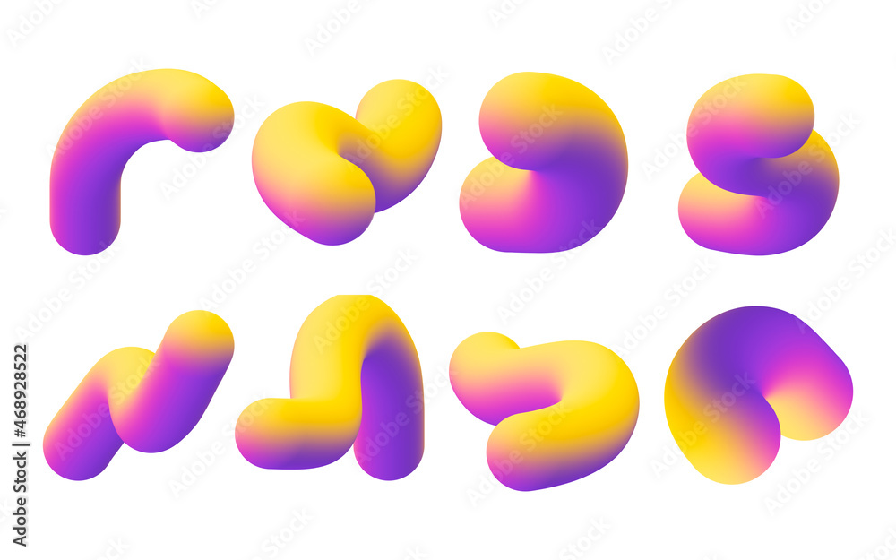 set of 3d fluid amorphous in gradient multiple colors. abstract shapes illustration in yellow to purple gradient. the colored element for modern futuristic design.