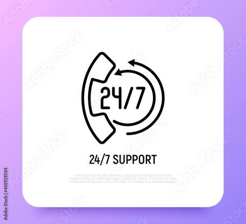 Support for 24 hour in day. Thin line icon: handset with arrows. Online assistance. Modern vector illustration.