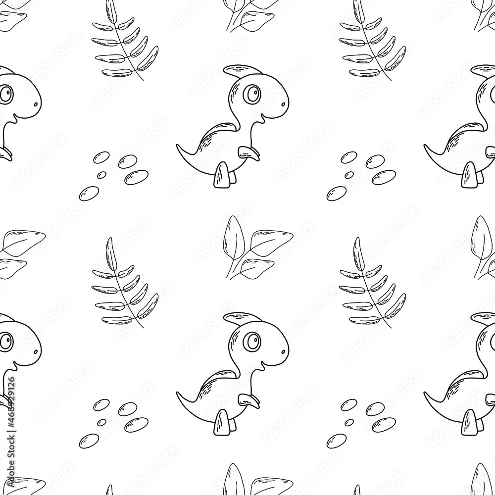 Vector seamless graphic pattern with cartoon little dinosaur, leaves and stone. Nice children illustration for room decor, wallpaper, fabric, textile. Vector seamless graphic pattern with cartoon little dinosaur, leaves and stone. Nice children illustration for room decor, wallpaper, fabric, textile.