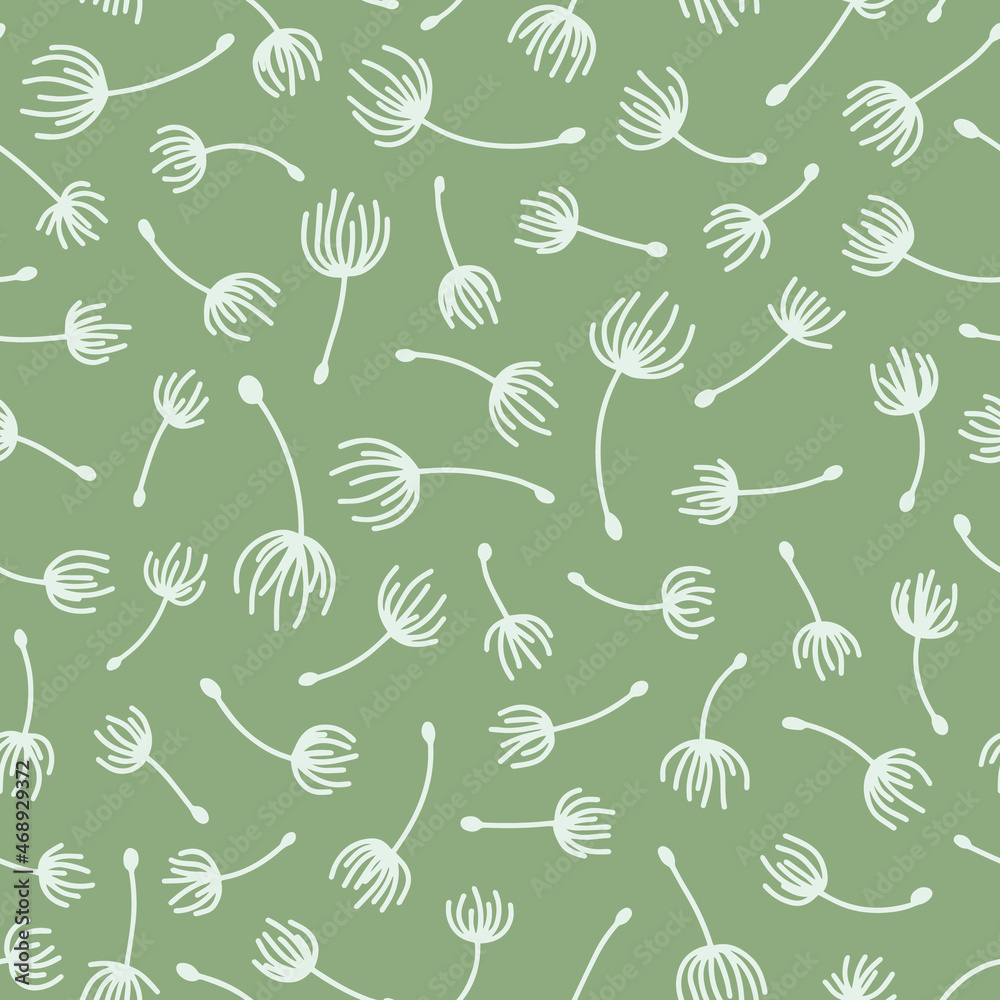 Dandelion seeds seamless repeat pattern. Random placed, vector flying blowballs all over surface print on sage green background.