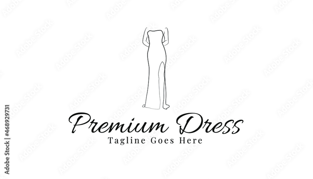 Dress logo design template element. Women fashion store brand identity. Feminine dress logo vector design. Aesthetic dress line art illustration. Minimal and modern fashion logo inspiration.