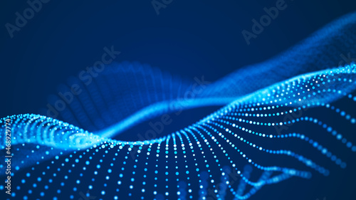 Particle stream. Blue wave background with many glowing particles. Information technology background. 3d rendering.