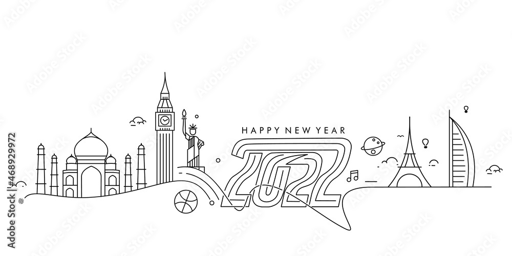 Happy New Year 2022 World Travel Design, Vector illustration.