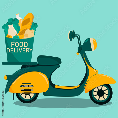 Image of a moped with a package of products for food delivery. Fast online delivery service. Bright illustration in yellow and green colors. Vector illustration