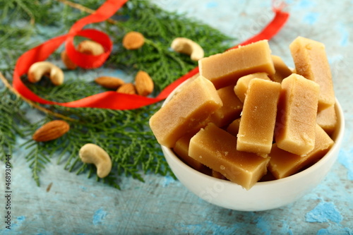 Mysore pak- Homemade Indian traditional sweets and desserts background.