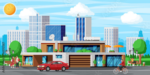 Modern Apartment Building Landscape. Exterior or Facade of Small City Apartment. Urban Fashioned Residential Brick Building. Multistory Living Houses with Balconies. Flat Vector Illustration