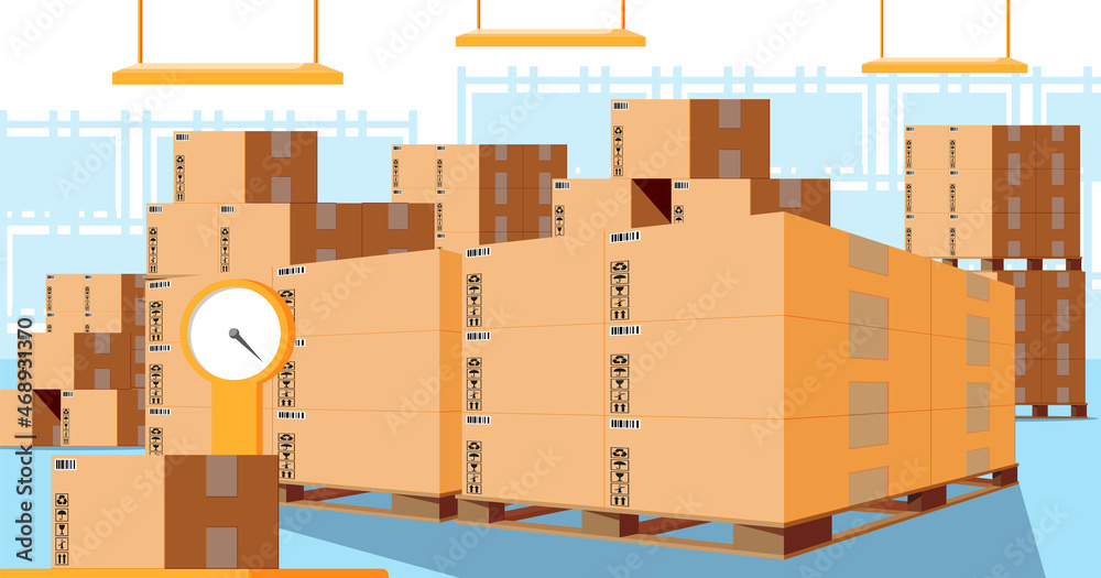 Warehouse Interior with Goods and Container Package Boxes. Pile Cardboard Boxes Set. Carton Delivery Packaging Open and Closed Box with Fragile Signs. Vector Illustration in Flat Style Warehouse Interior with Goods and Container Package Boxes. Pile Cardboard Boxes Set. Carton Delivery Packaging Open and Closed Box with Fragile Signs. Vector Illustration in Flat Style