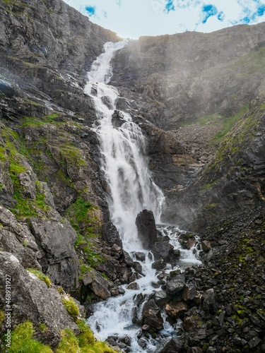 Norwegian mountain road known as Trollstigen. Views of Stigfossen waterfall  Norway