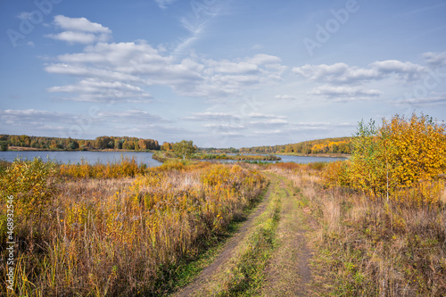 A road in the rural field leading to the lake among lush vegetation. Surroundings colored autumn yellow, red, golden and orange.