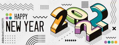 happy new year 2022 retro style cover with modern geometric abstract background with isometric. happy new year greeting card banner design for 2022 calligraphy. Yellow green blue Vector illustration