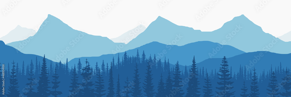 Fototapeta premium Vector illustration of mountains, ridge in the morning haze, panoramic view 