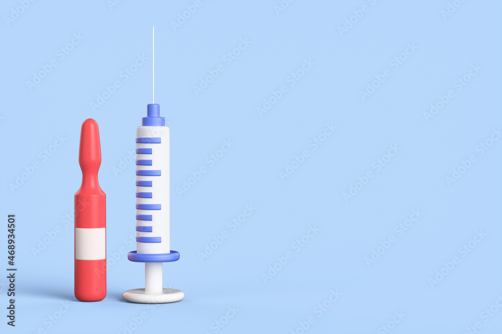 Close-up of a cartoon ampoule of coronavirus vaccine and syringe on a blue background. 3d rendering illustration Close-up of a cartoon ampoule of coronavirus vaccine and syringe on a blue background. 3d rendering illustration