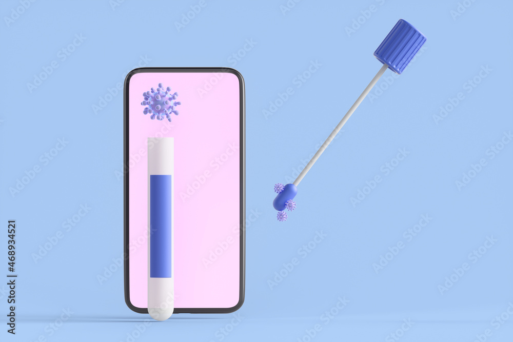 Smartphone near the ampoule of coronavirus covid-19 vaccine and PCR test. Vaccination concept. 3d rendering illustration Smartphone near the ampoule of coronavirus covid-19 vaccine and PCR test. Vaccination concept. 3d rendering illustration