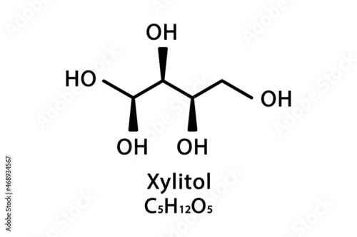 Xylitol molecular structure. Xylitol skeletal chemical formula. Chemical molecular formula vector illustration