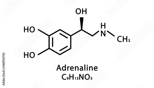 Adrenaline molecular structure. Epinephrine skeletal chemical formula. Chemical molecular formula vector illustration