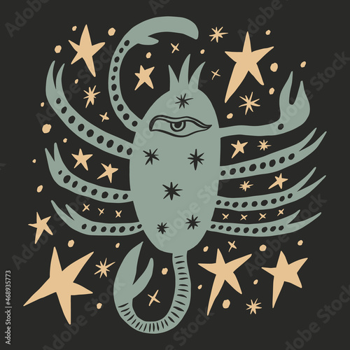 Scorpio sign space stars boho naive funky handdrawn patterned style art