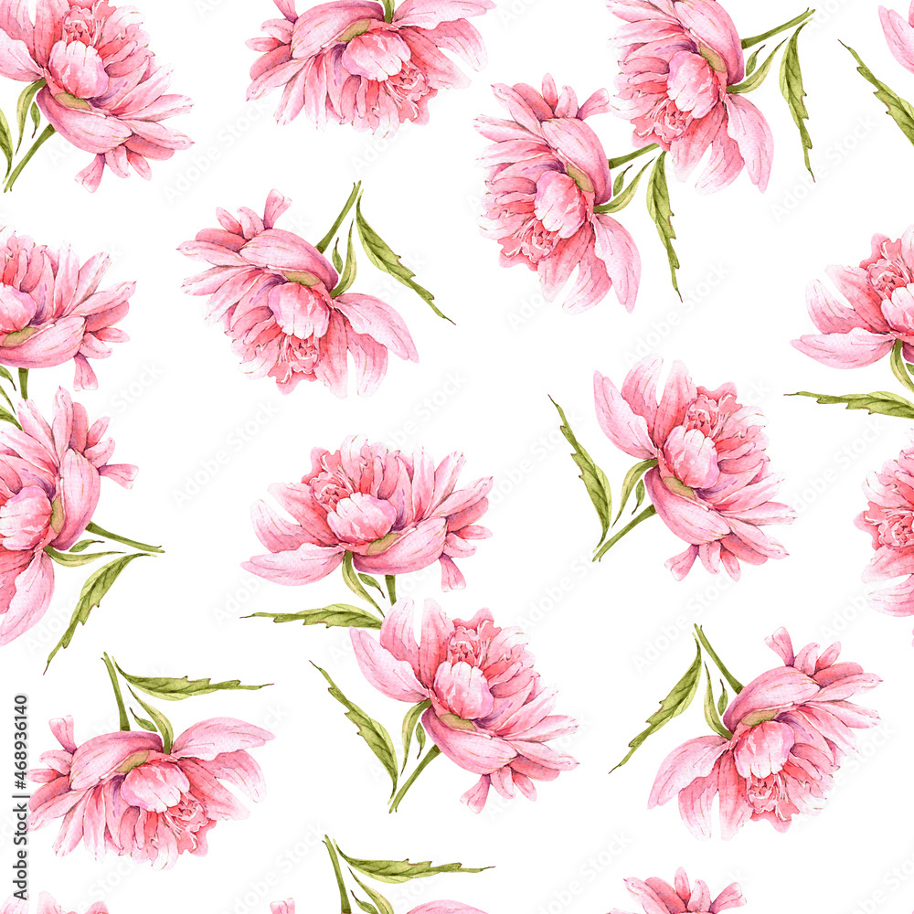 watercolor seamless pattern pink flowers peonies on white background