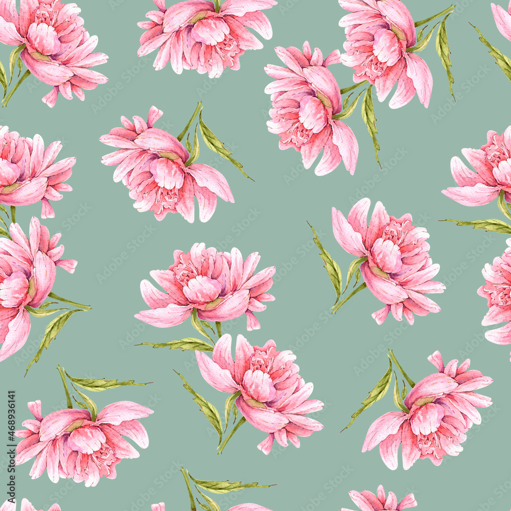 watercolor seamless pattern of pink flowers peonies on a turquoise background watercolor seamless pattern of pink flowers peonies on a turquoise background