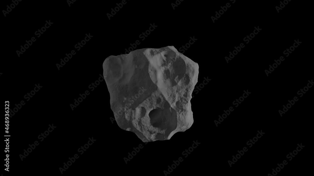 Gray asteroid, meteor flying in the space isolated on a black background with luma matte. Spinning stone 4K 3D render animation in slow motion. Gray asteroid, meteor flying in the space isolated on a black background with luma matte. Spinning stone 4K 3D render animation in slow motion.