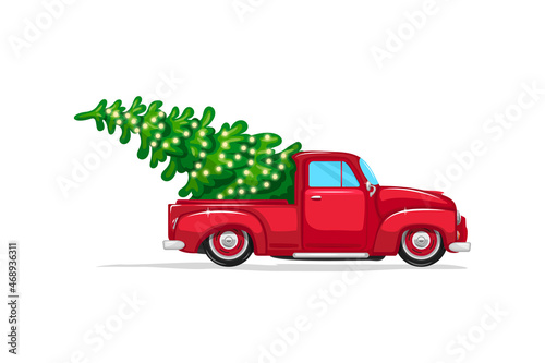 Red Christmas pickup truck with a tree in the back © EcodoDesign