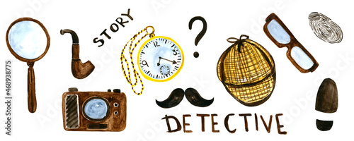 watercolor set of objects detective investigator detective criminal investigation photo