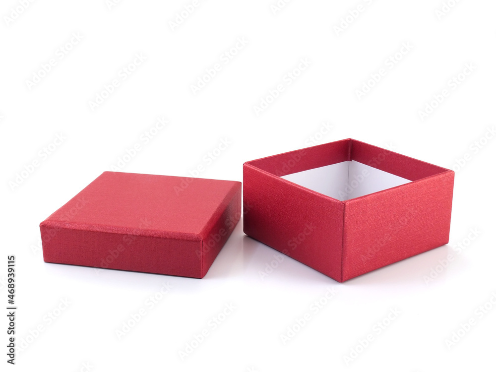 open empty single red gift box with lid isolated on white