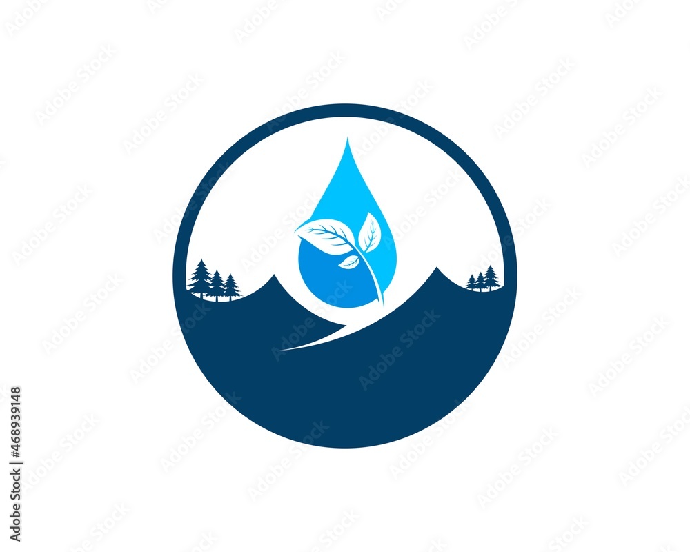 Circle shape with mountain and water leaf inside Circle shape with mountain and water leaf inside