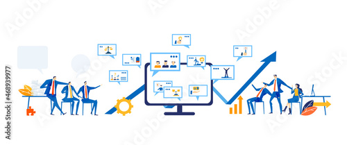 Business people work next to digital screen, display, analysing data, making corrections and looking for the best way to solve the problems. 