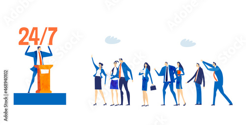 Business people working 24x7. Support and help, Economy, finance industry, research, advisory, analysing data. Business concept illustration 