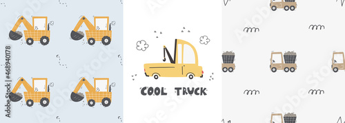 Cute children's seamless pattern with trucks and diggers in Scandinavian style on a white background. Building equipment. Funny construction transport Digital paper