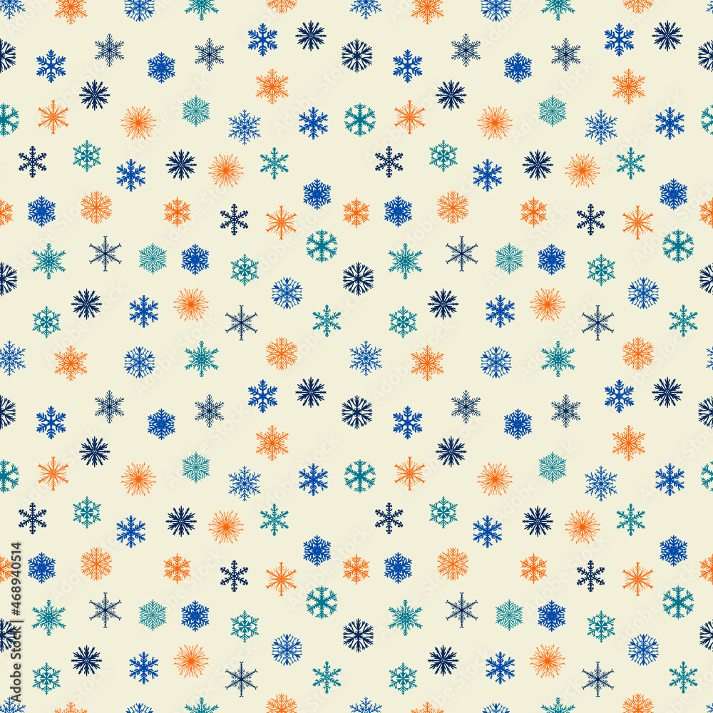 Christmas and new year seamless pattern with blue and orange snowflakes.