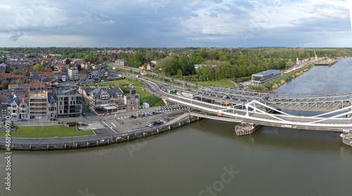 Aerial panorama shot of Temse bridge over the river Scheldt in Antwerp. Drone aerial view from above photo