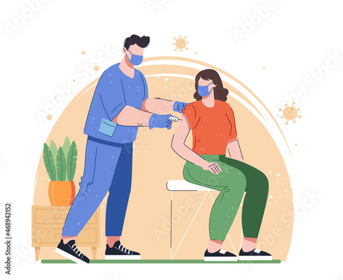 Coronavirus vaccination, doctor injecting a patient, getting first shot of covid vaccine in arm muscle vector illustration. Doctor in protective suit and mask, process of immunization against covid-19