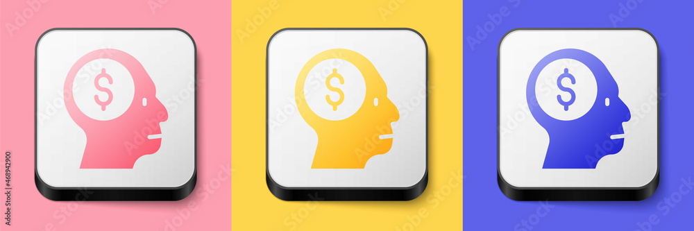 Isometric Business man planning mind icon isolated on pink, yellow and blue background. Head with dollar. Idea to earn money. Business investment growth. Square button. Vector Isometric Business man planning mind icon isolated on pink, yellow and blue background. Head with dollar. Idea to earn money. Business investment growth. Square button. Vector