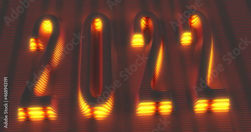 3d rendering. Embossed surface of parallel stripes with the date 2022 embossed on it. Yellow neon lighting.