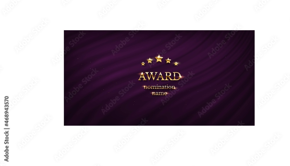 Award wreath, gold winner prize vector illustration. Nomination design template with circle laurel wreath on purple fabric curtains, festival luxury nominee emblem sign background.