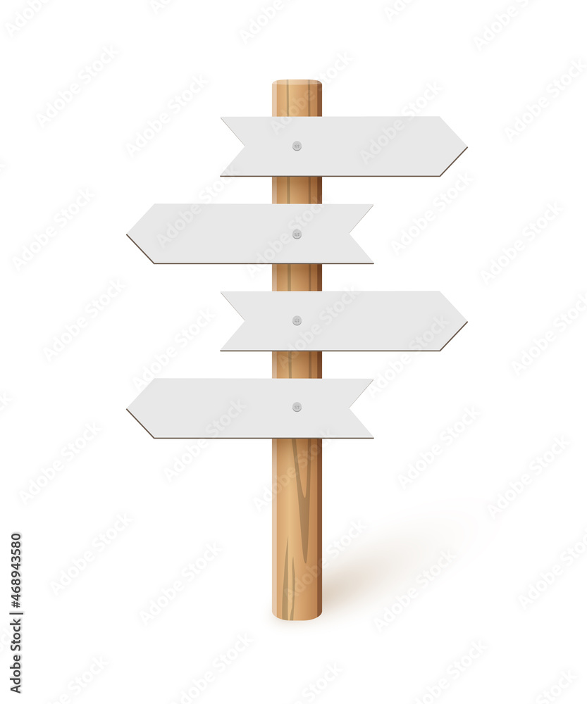 Signpost with blank direction signs on road. Wooden stick with white arrow boards vector illustration. Retro street post isolated on white background. Simple empty crossroad banners - obrazy, fototapety, plakaty 