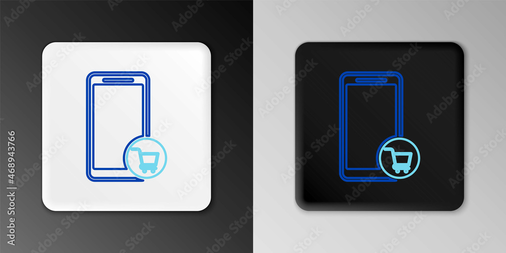 Line Mobile phone and shopping cart icon isolated on grey background. Online buying symbol. Supermarket basket symbol. Colorful outline concept. Vector Line Mobile phone and shopping cart icon isolated on grey background. Online buying symbol. Supermarket basket symbol. Colorful outline concept. Vector