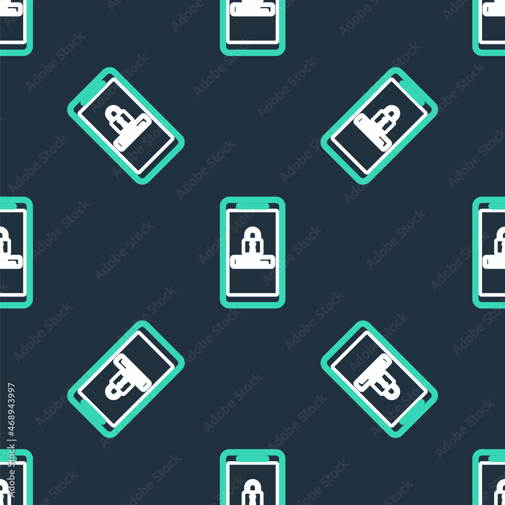 Line Mobile phone and password protection icon isolated seamless pattern on black background. Security, safety, personal access, user authorization, privacy. Vector