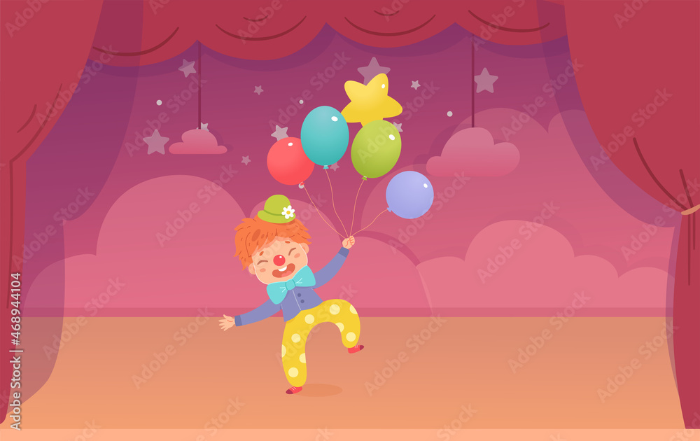 Clown kid character performing fun show in circus, boy with funny nose and balloons Clown kid character performing fun show in circus, boy with funny nose and balloons