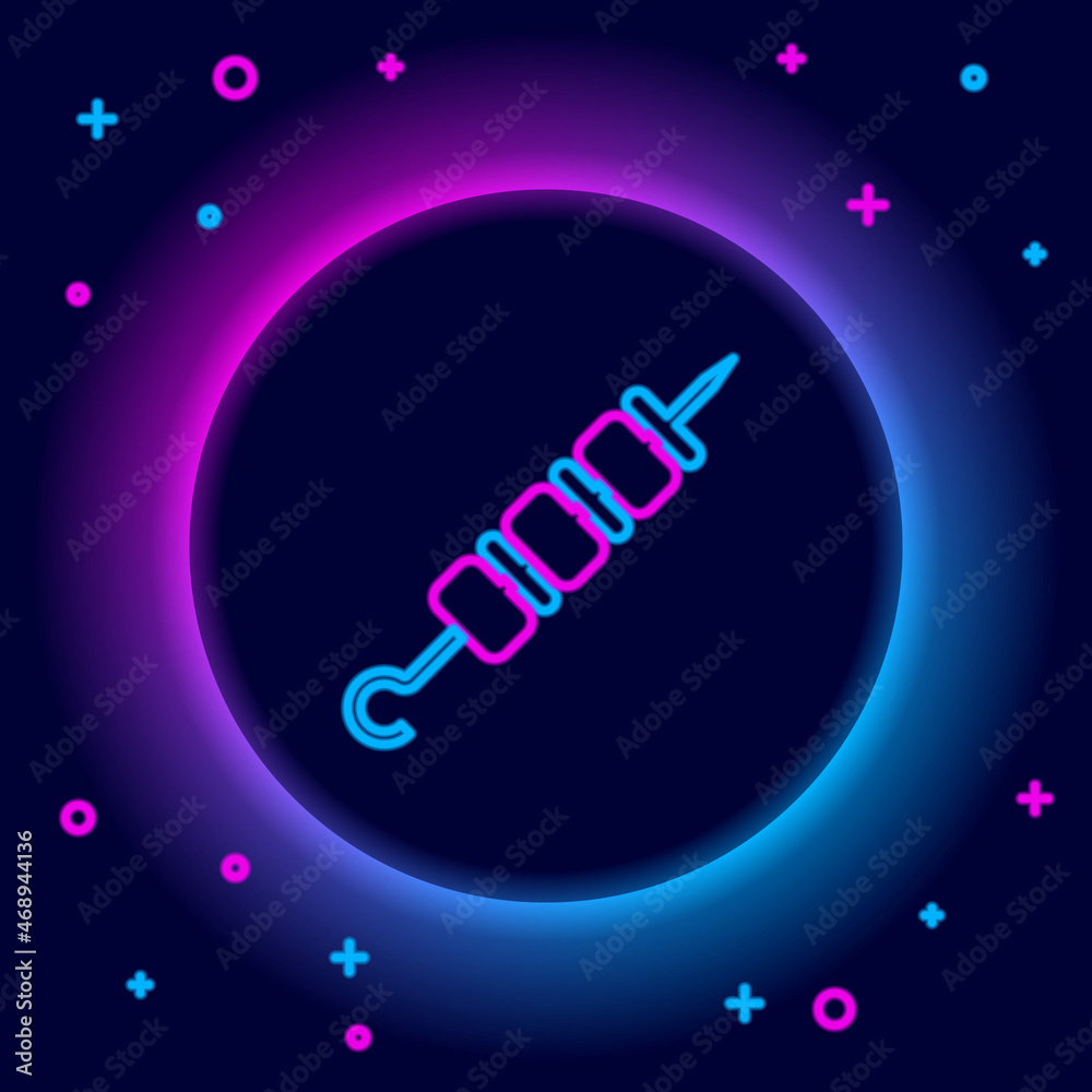 Glowing neon line Grilled shish kebab on skewer stick icon isolated on black background. Meat kebab on skewer stick. Picnic with grilled meat. Colorful outline concept. Vector Glowing neon line Grilled shish kebab on skewer stick icon isolated on black background. Meat kebab on skewer stick. Picnic with grilled meat. Colorful outline concept. Vector